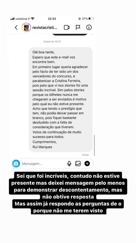 Cristina Ferreira lançou um passatempo que consistia na oferta de dez bilhetes duplos para o evento "Cristina Talks". Um dos vencedores não recebeu o prémio.