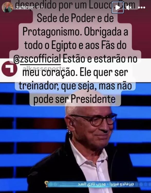 Zulmira Ferreira defende o marido, Jesualdo Ferreira, que foi despedido do Zamalek